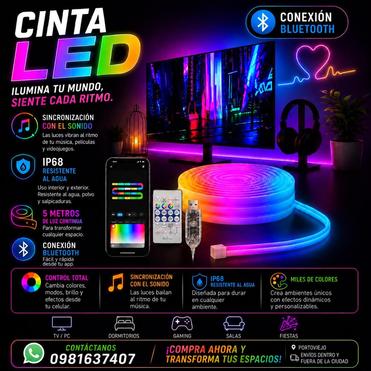Cinta Led Rgb Neon con Conexion Bluetooth de 5 metros resiste al agua ip68