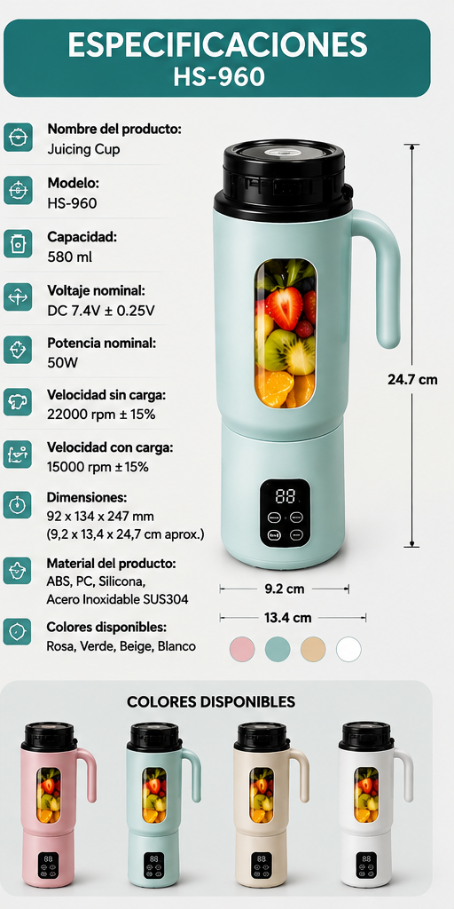 Licuadora Portátil HS-960 580 ml Recargable con Pantalla Digital y Mango
