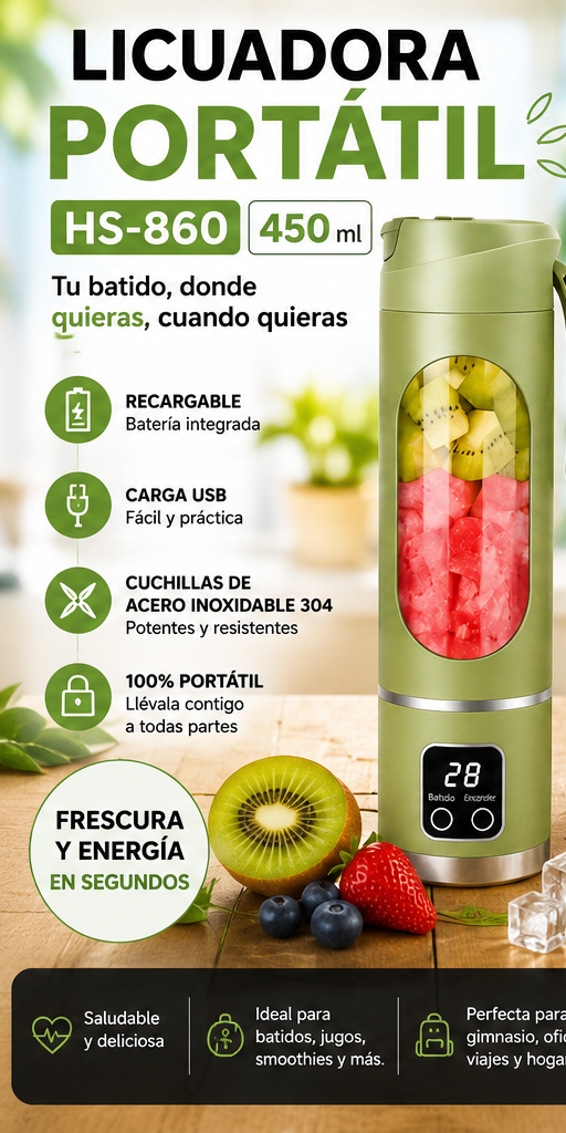 Licuadora Portátil Recargable HS-860 450 ml con Pantalla Digital